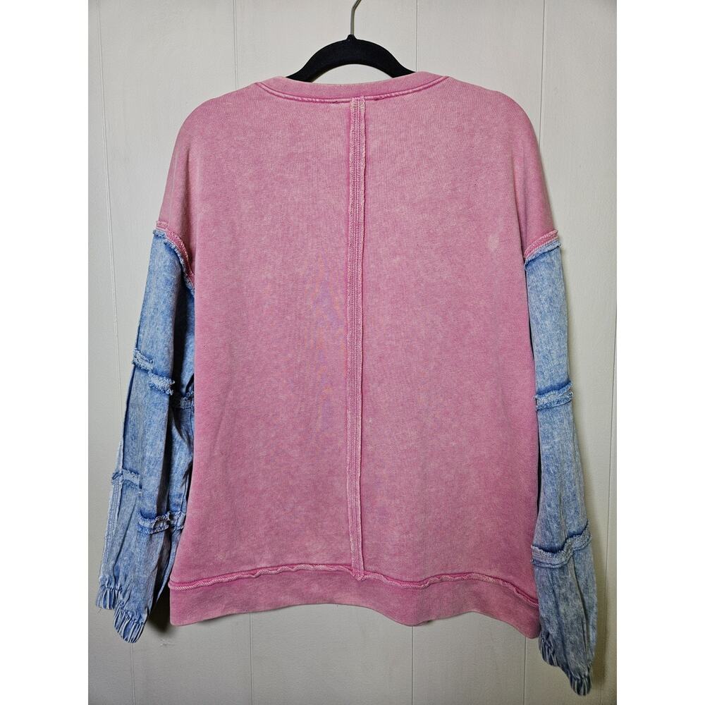 New in Size M Pink And Denim Colorblock Crew Neck Long Sleeve Sweatshirt Top - Picture 3 of 9